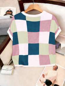 Plus Size Women Colorful Plaid Round Neck Casual Aran Knit Sweater Pullover - Dark Blue - View 6