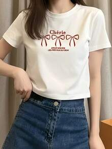 Bow & Letter Print Loose Fit Short Sleeve T-Shirt For Women, New Summer Style Vacation Casual White - White - View 2