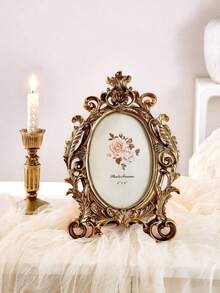 1pc Vintage European Style Golden Floral Oval Photo Frame, Classical European Decor Frame For Photo Display And Home Decoration - Gold - View 4