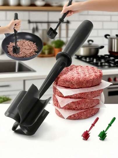 1pc Manual Meat Grinder - Hamburger Meat Grinder, Ground Beef Grinder, Suitable For Burgers, Turkey And Large Chunks Of Meat - No Electricity Needed, Kitchen Utensils And Accessories, Heavy Duty Nylon Meat And Potato Masher, Heat Resistant - Perfect For Mincing Meat, Potatoes And Hot Foods, Black, With Ergonomic Handle, Essential For Kitchen, Kitchen Utensils | Modern Kitchen Utensils | Heat Resistant Utensils (Color And Style May Vary)
