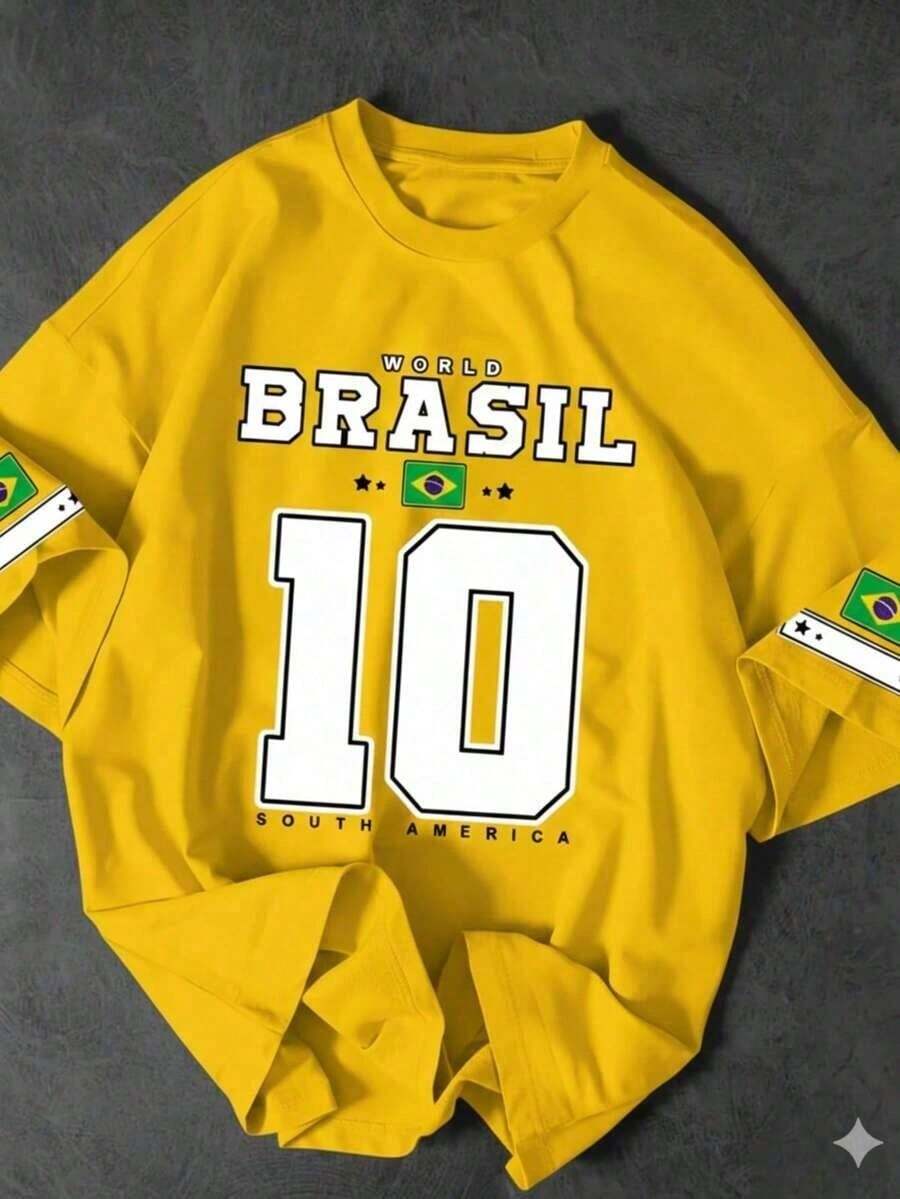 Men's Casual T-Shirt With "BRAZIL" Print And Number 10, Premium Cotton, World Cup Fan Edition, Brazilian Football Fashion - Màu vàng - Xem 1