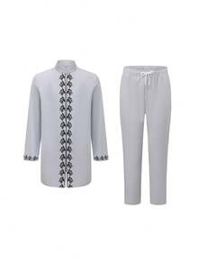 Men's Traditional Attire, African Men's 2 Pieces Set Long Sleeve Embroidered Luxury Suit, Men's Casual Holiday Outfit - Grey - View 3