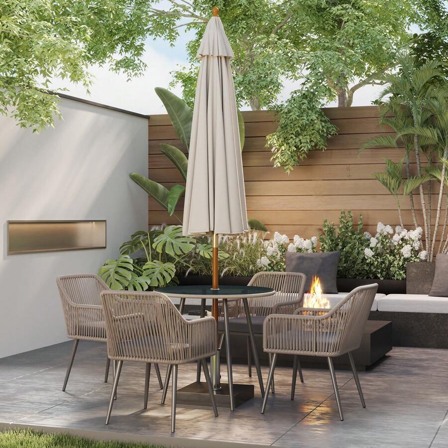 Outsunny 4 Seater Rattan Dining Set, Rattan Garden Furniture Set With Parasol Hole, Outdoor Dining Table And Chairs Set With Cushions, Round Glass Top Table For Patio, Balcony, Light Brown - Brown - View 1