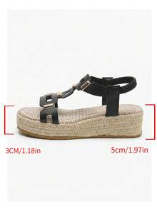 planare Women's Fashionable Summer Casual Vacation Style Rope Woven Sole Round Toe Open Toe Thick Bottom Wedge Sandals, Slip-On, Solid Color Versatile Indoor Outdoor Beach Wedge Sandals - Black - View 8