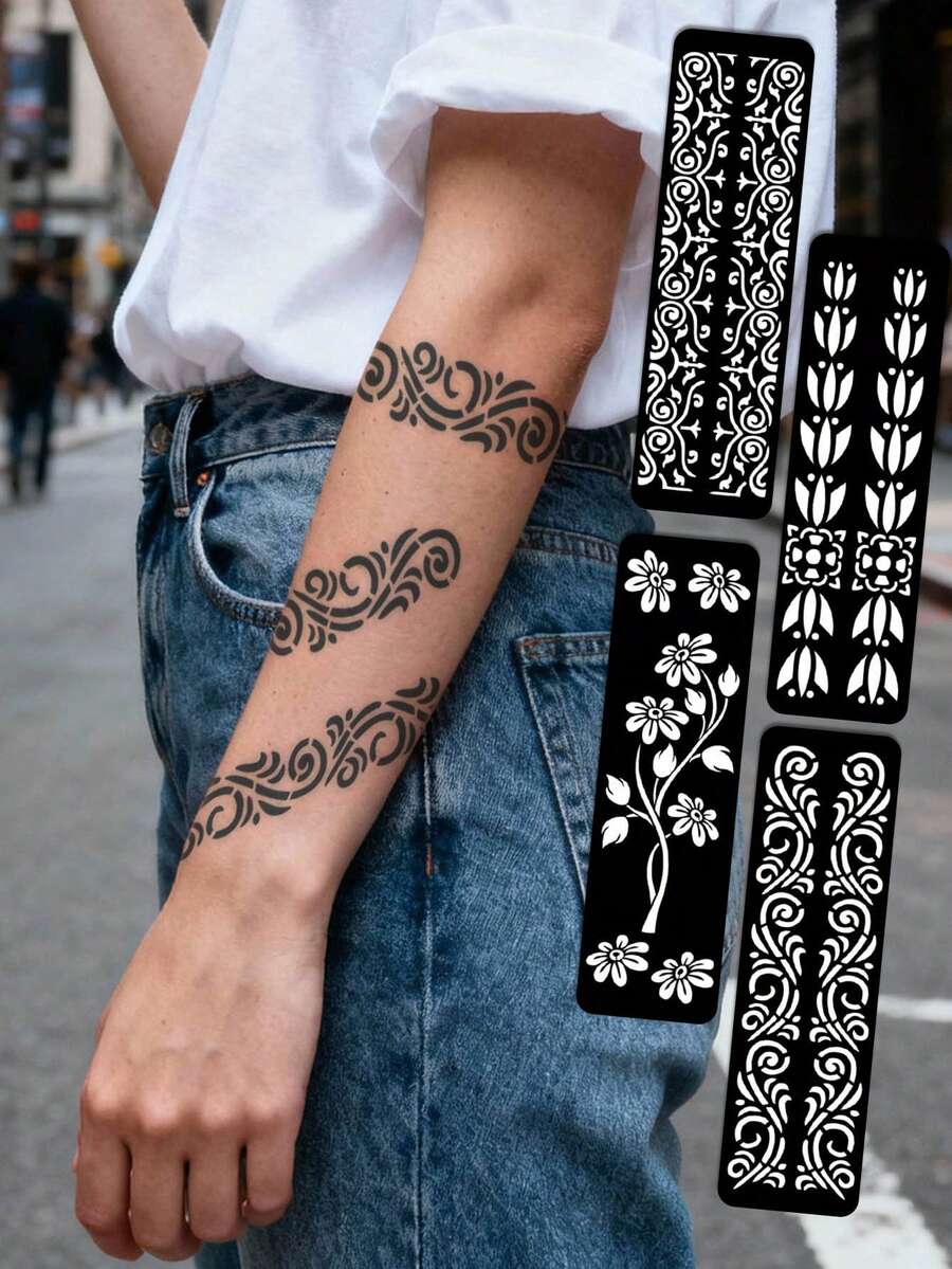 Hana Hand Drawn Tattoo Hollow Template Minimalism Hana Bride Elegant Lace Mandala Flower Pattern Sticker Suitable For Hands, Feet, Shoulders, Neck, Collarbone Semi Permanent Fake Tattoo Sticker 1 Pack - Black - View 1