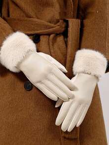 زوج من قفازات النساء الأنيقة اللون الأحادي للشارع الكاجوال من البوليستر بدون أصابع، خريف/شتاء - أبيض - مشاهدة 1