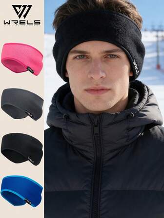  WRELS Diadema de una pieza de unicolor para el invierno, diadema para la frente y las orejas para hombres y mujeres, cálida, a prueba de viento y resistente al frío, con logotipo de tela, ideal para ciclismo, running, esquí y otros deportes al aire libre