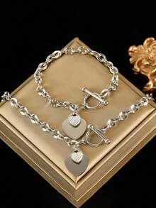 1 Set Fashionable Stainless Steel Double Heart Necklace & Bracelet Jewelry Set, Waterproof, Suitable For Holiday Gifts - Silver - View 13