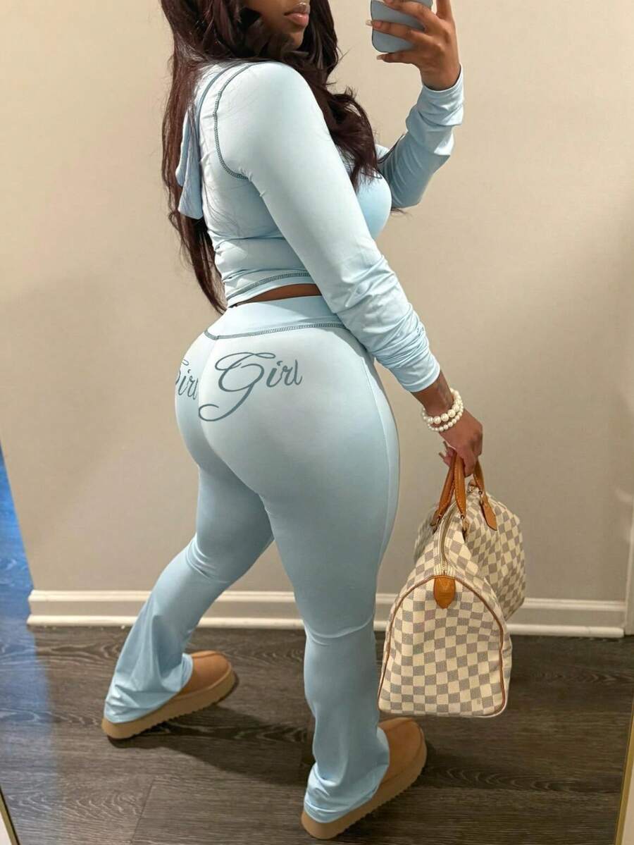 两件套春季性感印花拉链外套和裤子套装，假日装扮 - 藍色 - 查看 1