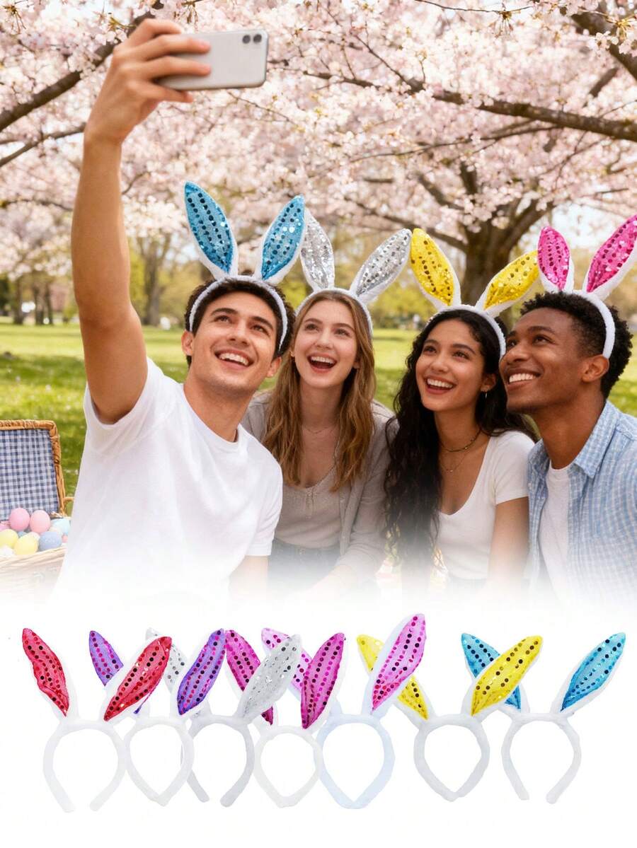3pcs Glitter Plush Bunny Headband - Holiday Easter & Festive Decor, Shiny Ears And Fluffy Tail, Perfect For Parties And Celebrations, Holiday Headband | Shiny Ears | Soft Material, Bunny Accessory - Multicolor - View 1