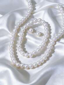 4-Piece Set Of Stylish, Minimalist, And Elegant Faux Pearl Necklace, Bracelet, Earrings, And Jewelry Set, Perfect For Evening Parties, Dates, Gatherings, And Celebrations - White - View 5