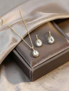 Bộ 1 dây chuyền và bông tai hình giọt nước màu trắng đính đá Cubic Zirconia tinh tế, thiết kế cổ điển sang trọng, bộ trang sức cao cấp phù hợp cho phụ nữ, dự tiệc, liên hoan, đeo hàng ngày và các lễ hội. - trắng - Xem 2