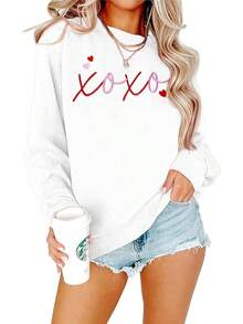 Valentines Sweatshirt Women: Printed Heart Sweater Love Valentine Pullover Casual Heart Long Sleeve Shirts - A-白色 - 查看 1