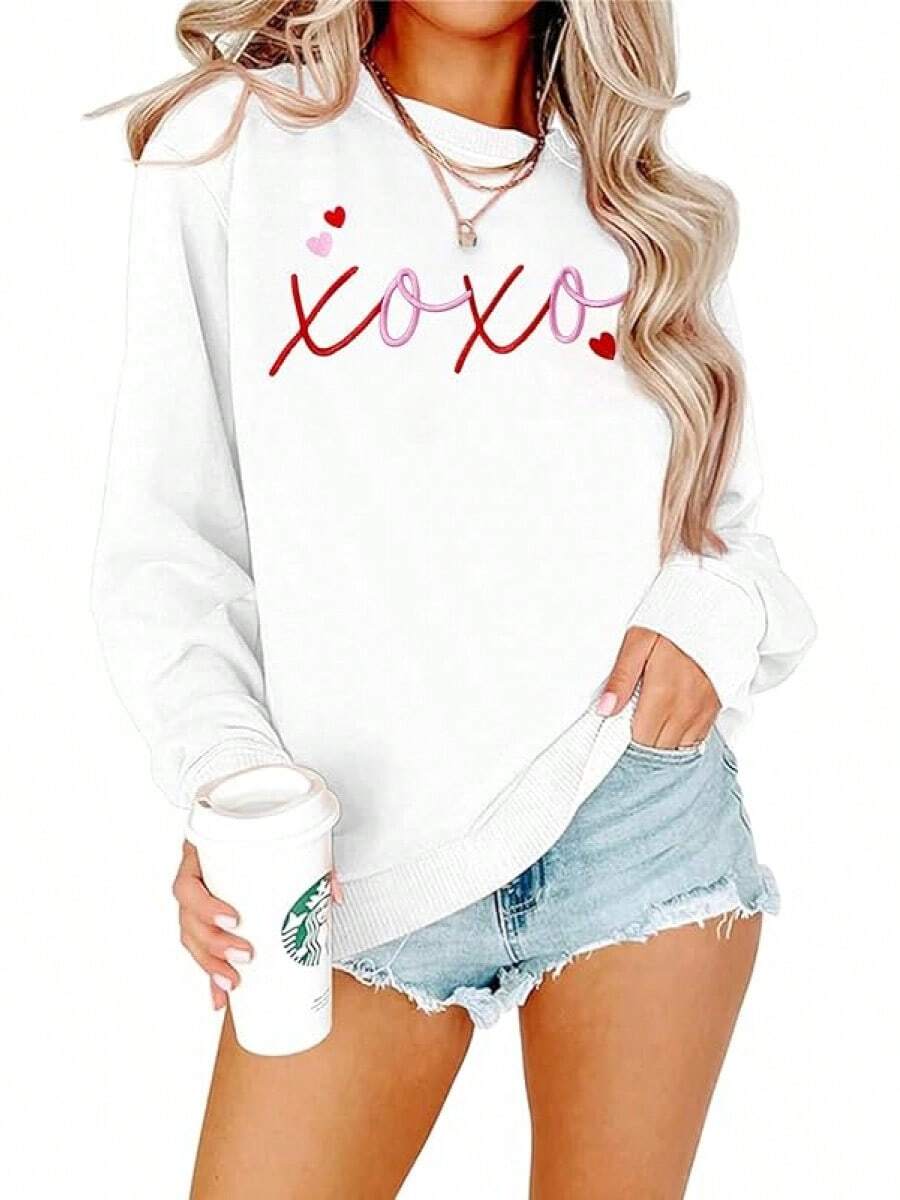Valentines Sweatshirt Women: Printed Heart Sweater Love Valentine Pullover Casual Heart Long Sleeve Shirts - A-白色 - 查看 1