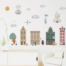 水彩童话小镇，太阳，云朵，动物墙贴，适用于儿童房、婴儿房装饰，自粘式 - 彩色 - 查看 3