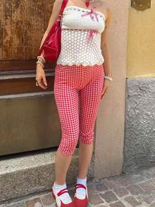 2026 Spring/Summer New Women's White Strapless Plaid Drawstring Fitted Knit Top, Knit Fabric, Crochet Lace Texture, Lightweight And Flowy, Sweet Girly Style, Radiates Retro Lightweight Romantic Vibe, Playful And Lively, Perfect For Summer Vacation, Beach Trip, Date Night, Shopping, Outdoor Cafe, Music Festival, Country Concert, Valentine's Day - White - View 3