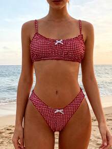 Women's Summer Solid Color Yellow Bikini Set Two Piece Swimsuit Adjustable Strap Beach Swimwear - Red - View 4