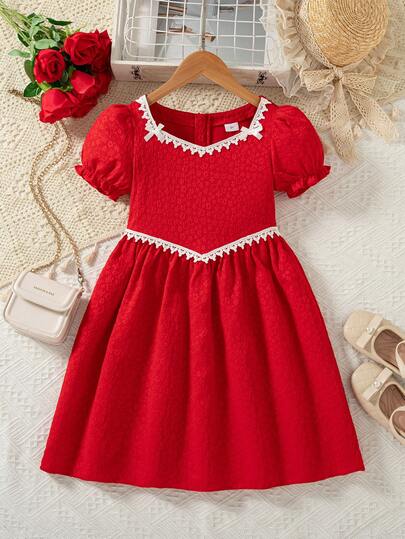 Girls' Casual Everyday Dress With Floral Lace Trim, Bow Decor, Puff Sleeves, Square Neck, Knee-Length, Spring/Summer