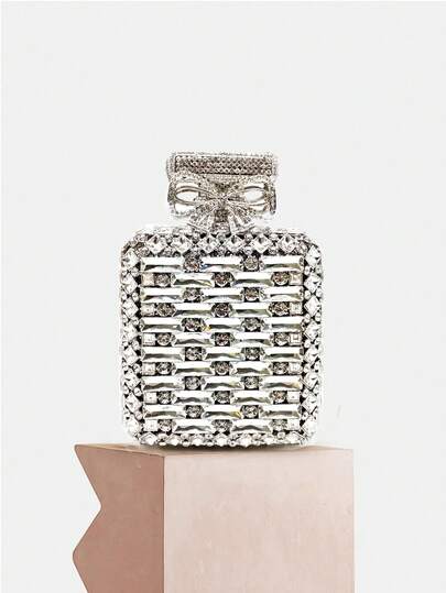 Women's Sparkly Silver Bow Design Rhinestone Clutch Purse Perfume Bottle Shaped Crystal Evening Bag For Wedding Cocktail Party
