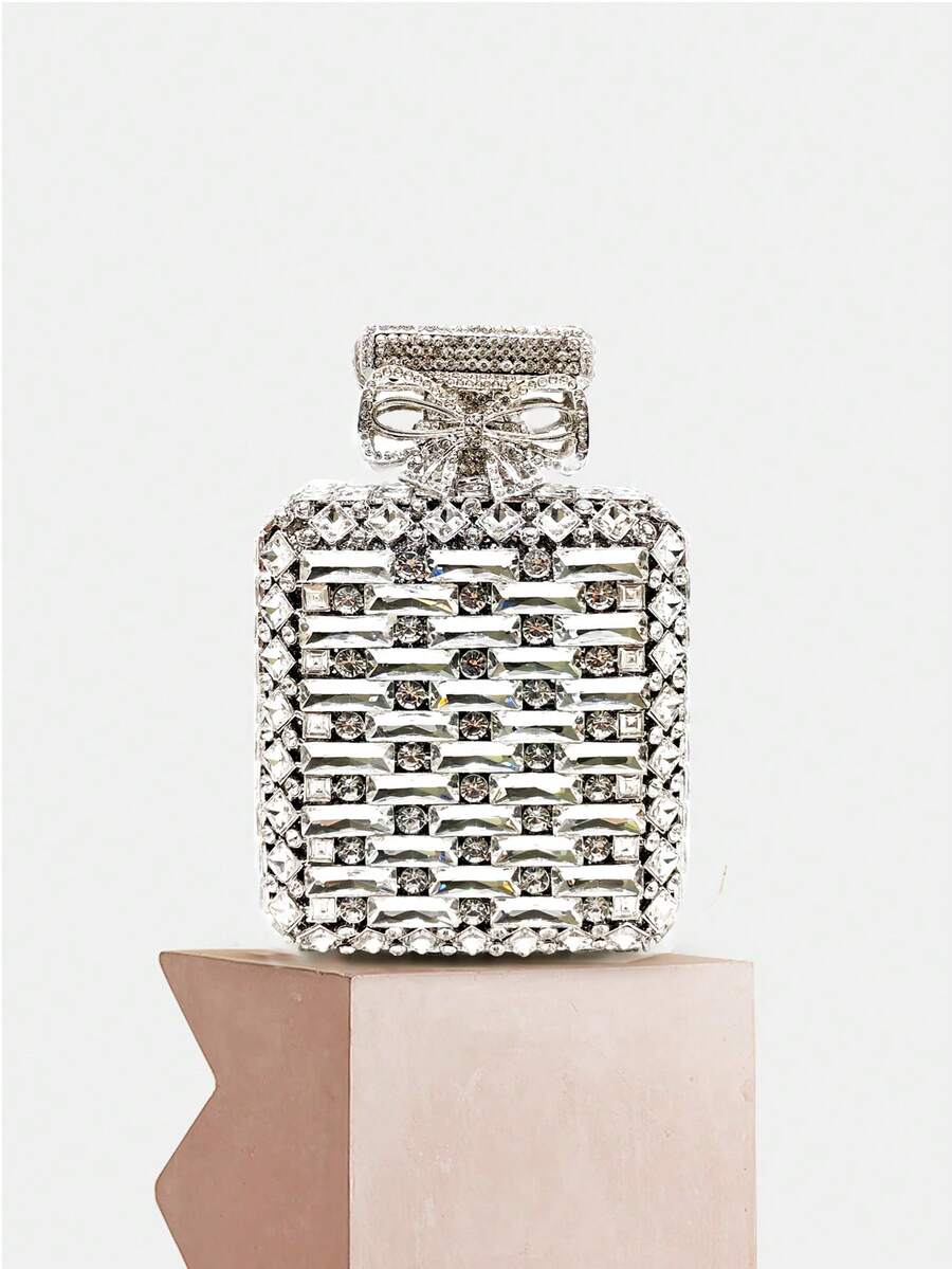 Women's Sparkly Silver Bow Design Rhinestone Clutch Purse Perfume Bottle Shaped Crystal Evening Bag For Wedding Cocktail Party - Silver - View 1