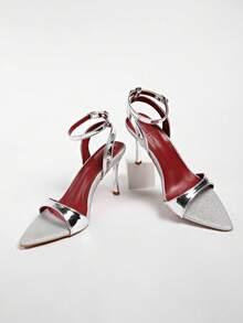 Europäischer und amerikanischer Stil Strass-Schnallen Stiletto-Absatz Sandaletten mit offenem Zehenbereich für Frauen - Silber - Übersicht 6