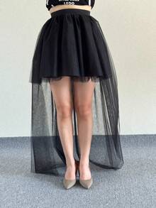 Women's High Low Mesh Net Lace Overlay Maxi Skirt