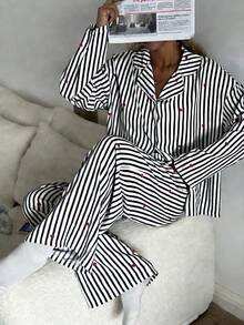 Nina Bonheur 2pcs Women Loose Comfortable Breathable Long Sleeve Top And Long Pants Pajama Set, Cute Home Wear - Black - View 4