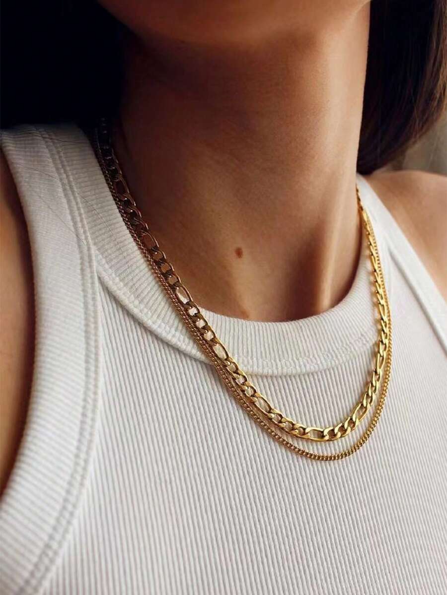 Nooxian 2pcs/Set Multi-Layer Gold Chain Necklace, Unique Personalized Women Sweater Chain Jewelry (Random Chain Clasp Quantity) - Yellow Gold - View 1