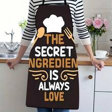 1件印有“秘诀在于爱”字样的围裙，配有厨师帽、勺子和叉子图案，适合家庭厨师、专业厨师和烹饪爱好者。趣味厨房语录围裙。 - 彩色 - 查看 1