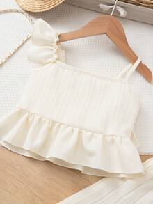 2pcs Girls Layered Ruffle Set, Vertical Striped Textured Lightweight Draping Fabric, French Elegant Children Outfit, Suitable For Party And Gathering - Champagne - View 5