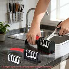 4-Stage Kitchen Knife Sharpener, Handheld Multi-Function 3-Level Quick Sharpening Tool With Non-Slip Base, Fashionable Kitchen Sharpening Accessory, Movable Top Hook, Random Delivery Of Sharpener With Numeric Scale - Black - View 8