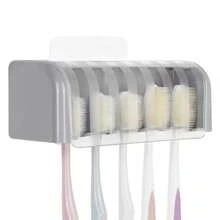 5 Slots Wall Mount Toothbrush Holder With Cover Self Adhesive Toothbrush Storage Organizer For Shower Toothbrush Hanger With Automatic Toothpaste Squeezer Dispenser - 灰色 1 包 - 查看 6