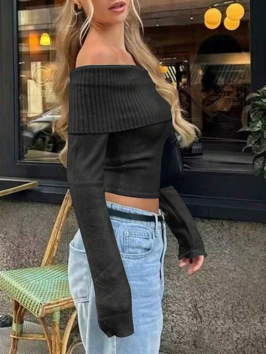 Women's Solid Color Off-Shoulder Long Sleeve Fitted Sweater, Spring/Autumn - Black - View 1