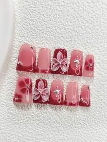10pcs Romantic French Press-On Nail Stickers, Acrylic Nail Art Set, Handmade 5-Petal Ombre Red Flower, Silver Sparkle Nail Accessories, Silver Round Rhinestone Decor Design, Red 5-Petal Printed Nail Art Decorations Nails Nail Supplies Handmade Press On Nails - Multicolor - View 12