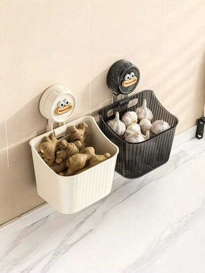 No Hole Suction Cup Wall Mounted Storage Box, Kitchen Ginger & Garlic Storage Rack/Bathroom Makeup Brush Storage Basket, Bedroom & Dressing Room Miscellaneous Organizer, Non-Damaging To Wall, Strong Suction, Multi-Function Storage Rack