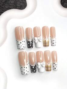 10pcs Gentle, Pure & Charming Nail Stickers, Acrylic Material, White 3D Bow Nail Accessories, White Lace Edge Design, Brown & White Polka Dots, Yellow & Brown Striped Nail Decor, Fresh & Elegant Style, White & Brown Nail Polish, Includes Nail Tools (1 Jelly Sticker + 1 Nail File), 3 Size Options Nails Nail Supplies Handmade Press On Nails - Multicolor - View 12