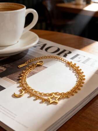1件高品质时尚不锈钢镀金双面星月女士手链，优雅迷人，日常派对腕饰，斋月礼物