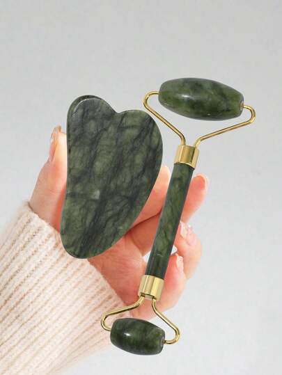 2件套天然玉石滚轮刮痧板套装：玉石面部滚轮+面部按摩板，面部按摩消除浮肿，舒缓提拉肌肤，焕发光彩，美容，护肤品，水疗，自我护理，护肤工具，面部护理，美容师用品，按摩，面部按摩工具，面部滚轮。