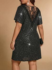 Voworia Plus Size Backless Ruffle Design Elegant Slimming Dress - Black - View 1