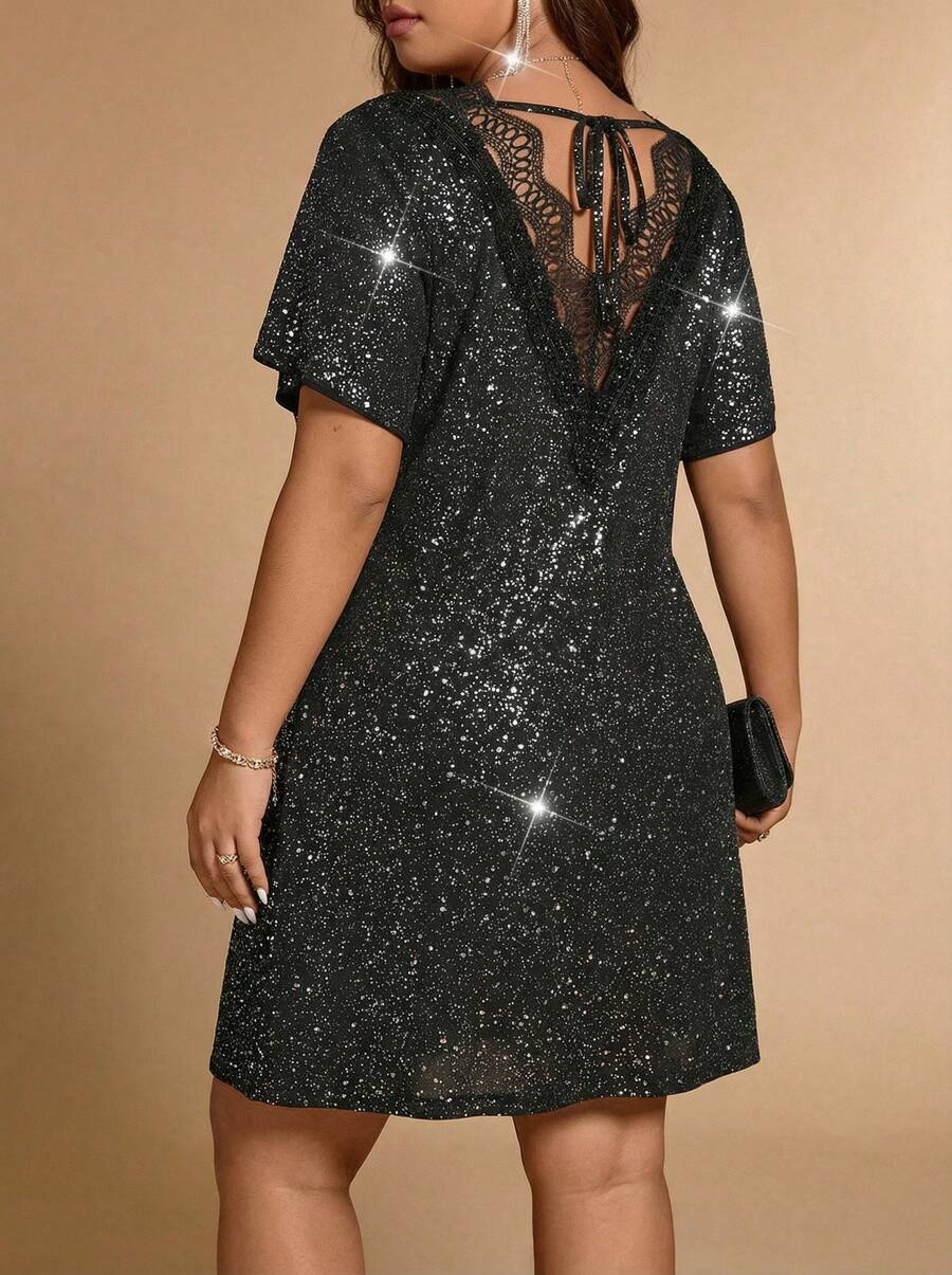 Voworia Plus Size Backless Ruffle Design Elegant Slimming Dress - Black - View 1