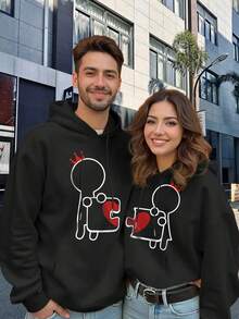 Pareja estilo dos piezas manga larga sudadera con capucha hombre y mujer pareja pareja fechas festivas desgaste casual abrigos grandes bolsillos tirantes sudadera con capucha top - Negro de mujer + Negro de hombre - Ver 1