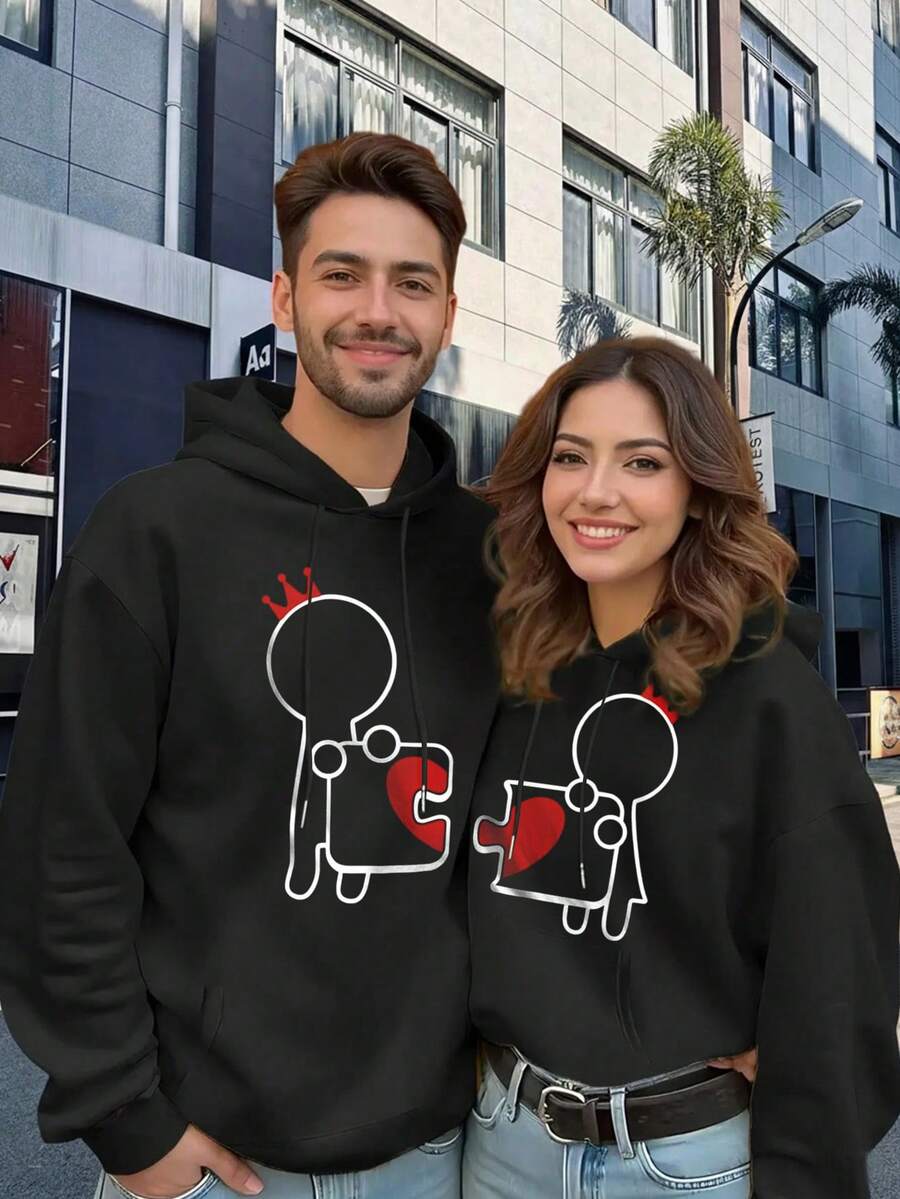 Pareja estilo dos piezas manga larga sudadera con capucha hombre y mujer pareja pareja fechas festivas desgaste casual abrigos grandes bolsillos tirantes sudadera con capucha top - Negro de mujer + Negro de hombre - Ver 1