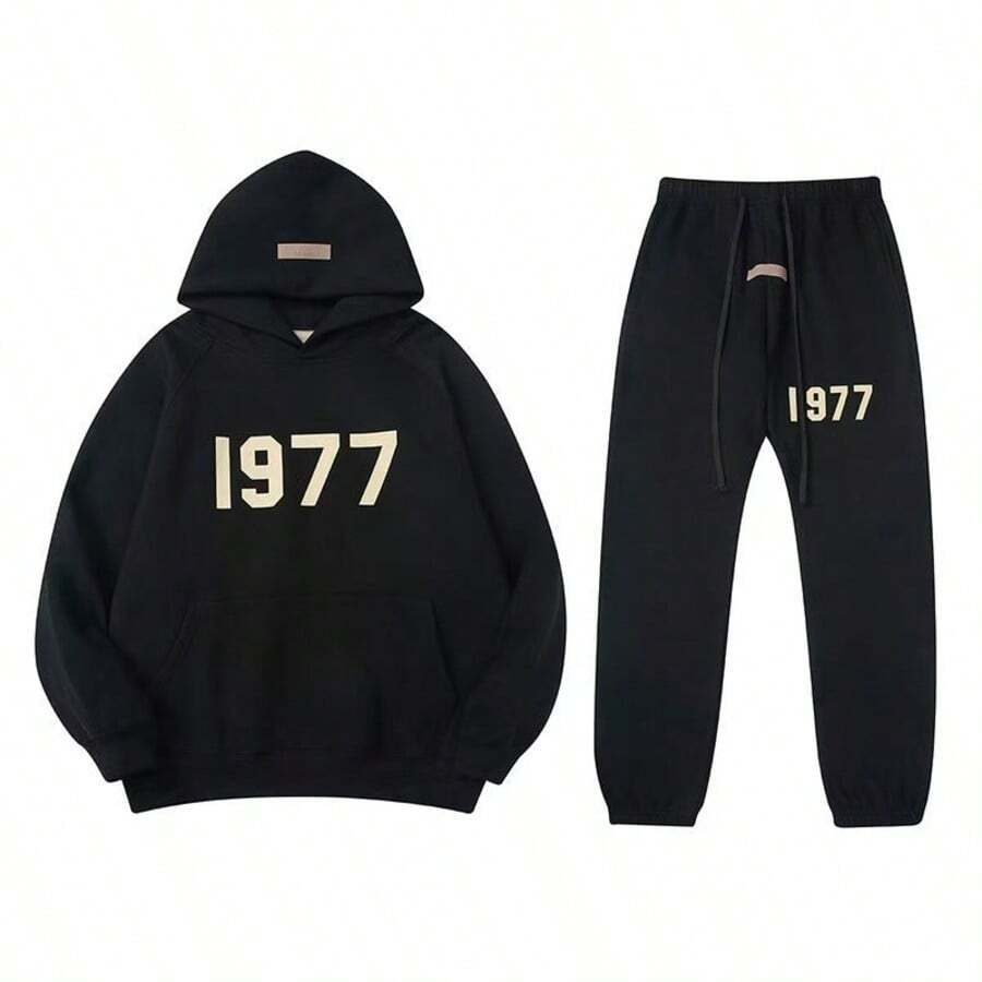 Essentials-1977 2pcs Men's Casual Print Drawstring Hoodies And Pants Set, 2025 New Street Loose Sweatshirt Set For Women And Men, Hip-Hop Skateboard Casual Sportswear For Autumn And Winter - màu đen - Xem 1