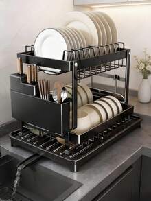 大容量多功能沥水架 | 厨房餐具收纳架 - 高级台面沥水架，带可调节杯架和餐具隔层，不锈钢防锈盘架，节省空间的水槽边收纳架，适合大家庭和烹饪爱好者 - 彩色 - 查看 7