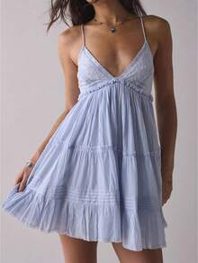 Women Summer Boho Floral Mini Cami Dress Spaghetti Strap Flowy Short Sling Dress Sleeveless Low Cut Holiday Sundress - 藍色 - 查看 1