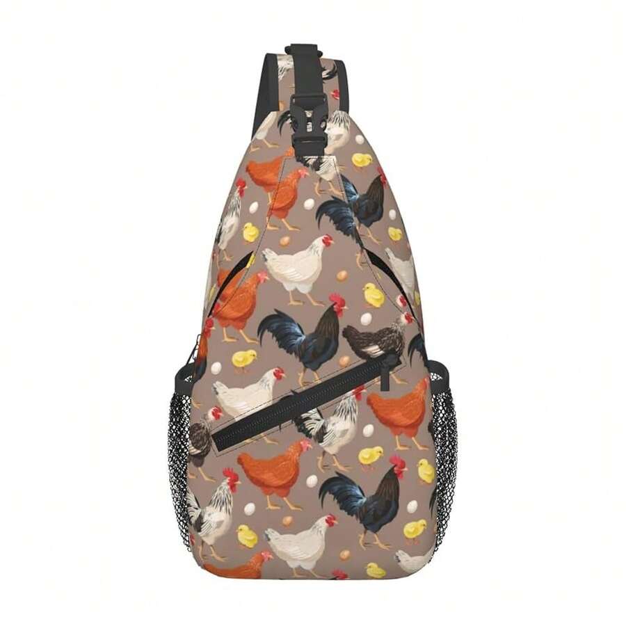 Funny Rooster Print Sling Bag For Women Crossbody Bag Hen Chicken Domestic Animals Sling Backpack For Men Rustic Country Farm Animal Shoulder Bag Gym Sports Travel HiFKing Daypack - 黑橙 - 查看 1