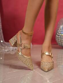 金色尖头粗跟亮片女鞋，新款上市 - 金色 - 查看 5