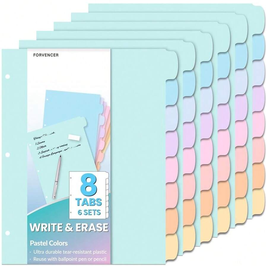 Forvencer 48Pcs/6Set Binder Dividers With Big 8 Tabs, Write&Erase Plastic Dividers For 3 Ring Binder, Tab Divider With Sticker Labels For Student, Teacher, Office, Home Organizers, Schoolsss Supplies - Màu phấn - Xem 1