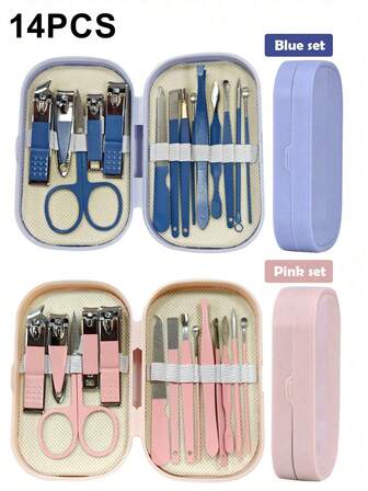 14 Stück Rosa/Blaues Nagelknipser Set, Maniküre Werkzeug Set, Nagelknipser Set, Schönheitspflege Set