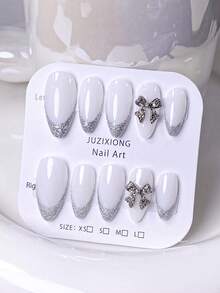 10片手工短款美甲贴片，法式美甲贴纸，白色、粉色、绿色、蓝色、黄色、红色、橙色，闪亮猫眼美甲，附赠美甲工具，简约时尚风格，适合工作、学习和日常佩戴，杏仁形美甲贴纸 - 銀色 - 查看 6